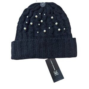 INC International‎ Concepts Black Knit Beanie Faux Pearl Embelishments